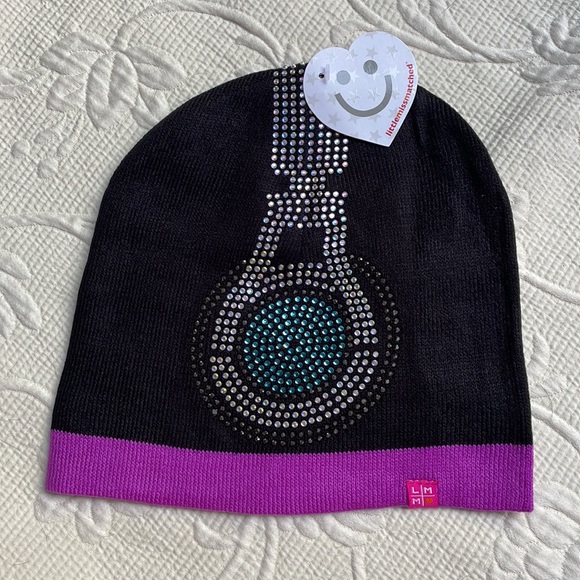 Y2K “Good Vibes” Beanie Hat & Gloves Embellished Music Notes - Black Pur… - Picture 2 of 10